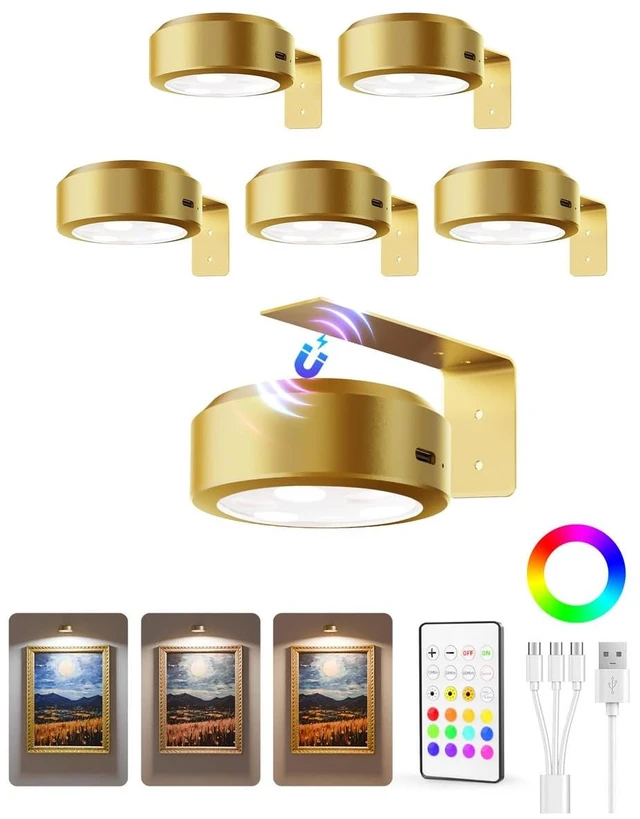 Main image of EZVALO Picture Lights for Wall, 2000mAh Rechargeable Battery Magnetic Poster Lights with 3 Color Temps & 12 RGB, Remote Dimmable Timer Painting Light, Wall Decor Light for Art Display, Frame (6 Pack)