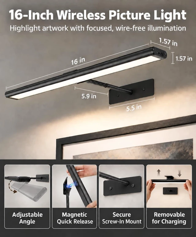 Alt view image 5 of 7 - EZVALO Picture Light for Wall, 4800mAh 16'' Rechargeable Wireless IR Remote Built in Battery Lights for Painting, Dimmable Magnetic LED Art Display Light, Colors Temperatures, for Gallery, Living Room