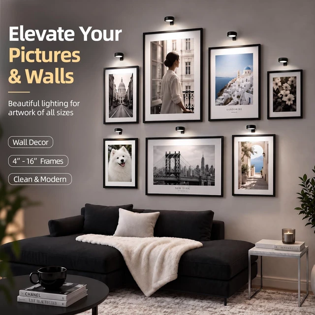 Alt view image 2 of 7 - EZVALO Picture Lights for Wall, Magnetic Rechargeable Poster Lights, 3 Pack | 2000mAh, 3CCT & 12 RGB, Remote Dimming & Timer, Painting Light for Frames, Gallery Walls, Art Display & Living Room Decor