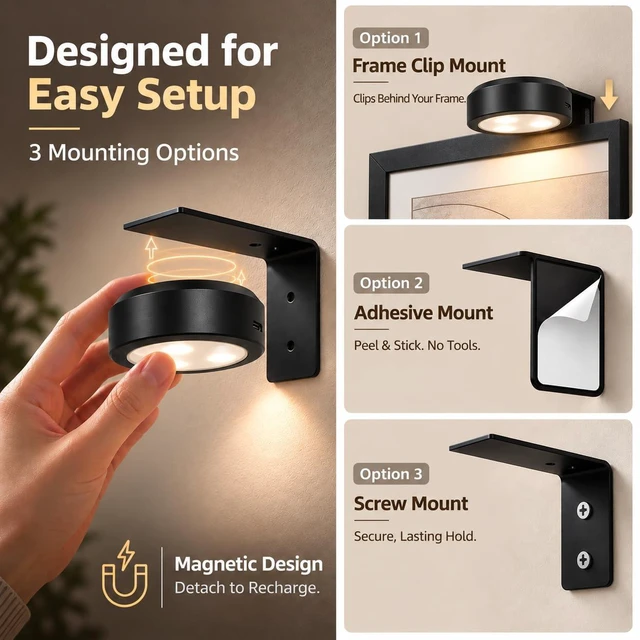 Alt view image 4 of 7 - EZVALO Picture Lights for Wall, Magnetic Rechargeable Poster Lights, 3 Pack | 2000mAh, 3CCT & 12 RGB, Remote Dimming & Timer, Painting Light for Frames, Gallery Walls, Art Display & Living Room Decor