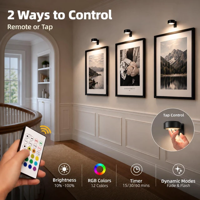 Alt view image 5 of 7 - EZVALO Picture Lights for Wall, Magnetic Rechargeable Poster Lights, 3 Pack | 2000mAh, 3CCT & 12 RGB, Remote Dimming & Timer, Painting Light for Frames, Gallery Walls, Art Display & Living Room Decor