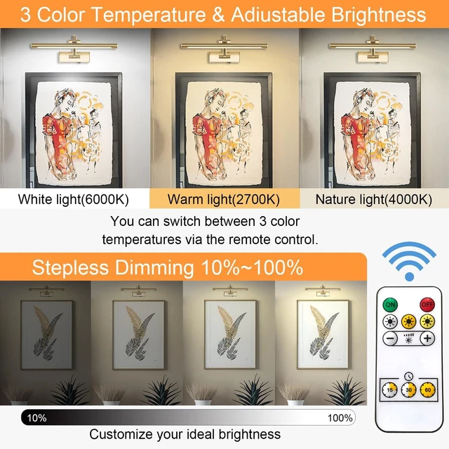 Alt view image 2 of 7 - Tassuowell Wireless Picture Lights for Wall Rechargeable, Battery Operated Art Light for Paintings, 3CCT Dimmable, 15.7" Brass Finish with Remote, Rotatable Gallery Light for Pictures Display