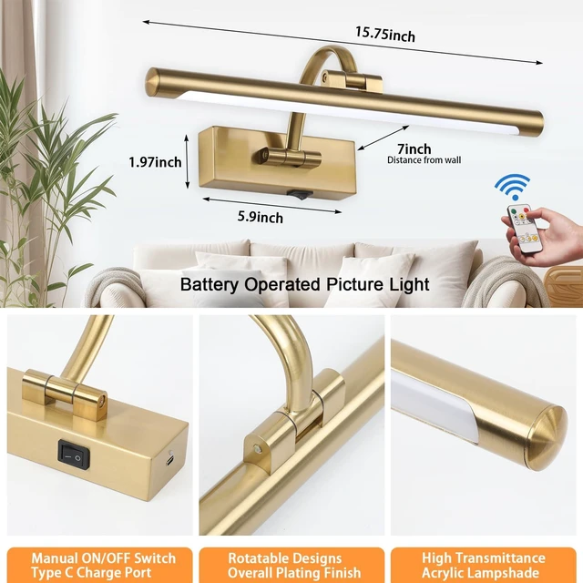 Alt view image 3 of 7 - Tassuowell Wireless Picture Lights for Wall Rechargeable, Battery Operated Art Light for Paintings, 3CCT Dimmable, 15.7" Brass Finish with Remote, Rotatable Gallery Light for Pictures Display