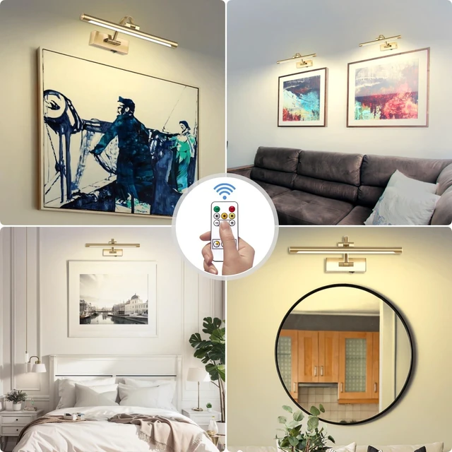 Alt view image 5 of 7 - Tassuowell Wireless Picture Lights for Wall Rechargeable, Battery Operated Art Light for Paintings, 3CCT Dimmable, 15.7" Brass Finish with Remote, Rotatable Gallery Light for Pictures Display