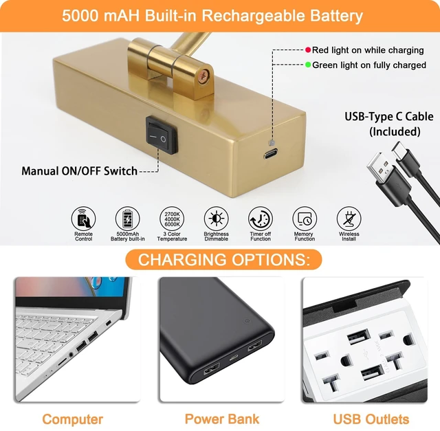 Alt view image 6 of 7 - Tassuowell Wireless Picture Lights for Wall Rechargeable, Battery Operated Art Light for Paintings, 3CCT Dimmable, 15.7" Brass Finish with Remote, Rotatable Gallery Light for Pictures Display