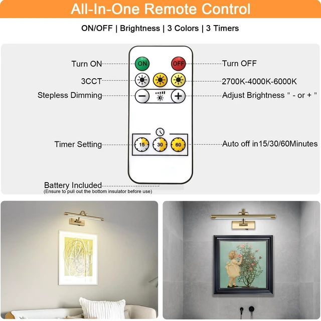 Alt view image 7 of 7 - Tassuowell Wireless Picture Lights for Wall Rechargeable, Battery Operated Art Light for Paintings, 3CCT Dimmable, 15.7" Brass Finish with Remote, Rotatable Gallery Light for Pictures Display