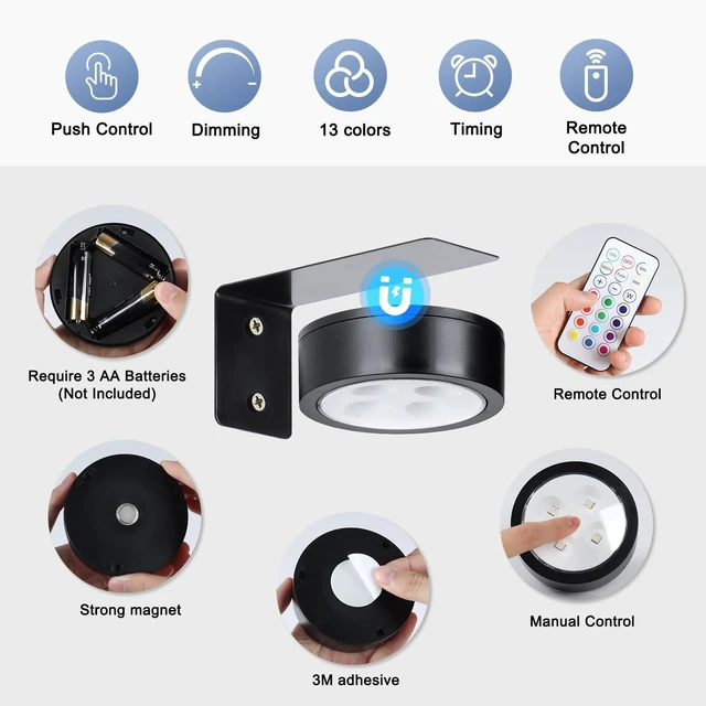 Alt view image 3 of 7 - KELUOLY 4-Pack Wireless Battery Operated Painting Light with Remote Control,13 Color RGB Magnetic Led Art Picture Lights for Wall, Dimmable and Timer Poster Light, Wall Decor Black Display Light