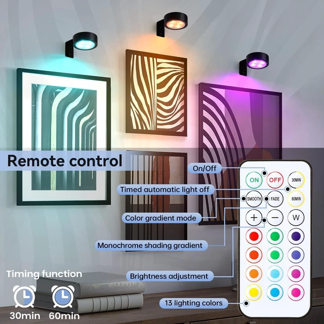 Alt view image 6 of 7 - KELUOLY 4-Pack Wireless Battery Operated Painting Light with Remote Control,13 Color RGB Magnetic Led Art Picture Lights for Wall, Dimmable and Timer Poster Light, Wall Decor Black Display Light