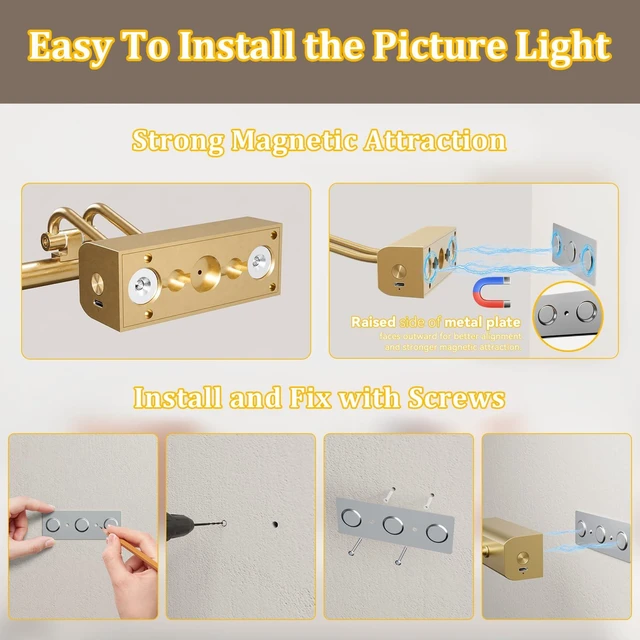 Alt view image 5 of 7 - Percantis Picture Light for Wall, Gold, RF Remote, USB Charging | 4000mAh Cordless,Gold Wall Light, Magnetic for Easy to Charge,Timers, Display for Gallery Living Room Bedroom