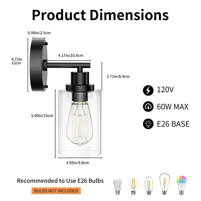 Alt view image 3 of 7 - BUTHY Black Wall Sconce Light, Modern LED Wall Light Indoor Fixtures | E26 Base and Clear Glass Shade, Ideal for Hallway, Bedroom, Living Room, and Mirror