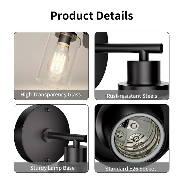 Alt view image 5 of 7 - BUTHY Black Wall Sconce Light, Modern LED Wall Light Indoor Fixtures | E26 Base and Clear Glass Shade, Ideal for Hallway, Bedroom, Living Room, and Mirror