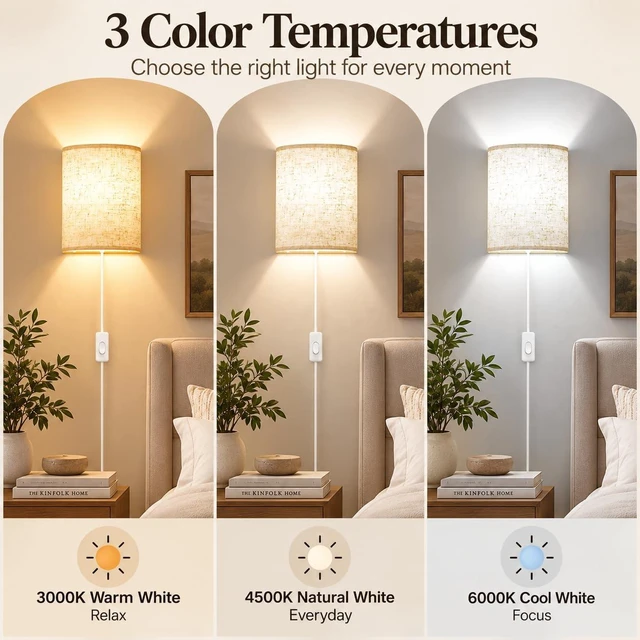 Alt view image 2 of 7 - Yunaking Plug in Wall Sconces Set of Two Wall Lights with On/Off Switch | Stepless Color Temperature Wall Lamps with Fabric Linen Shade for Bedroom Living Room & Hallway- Indoor Corded Wall Decor