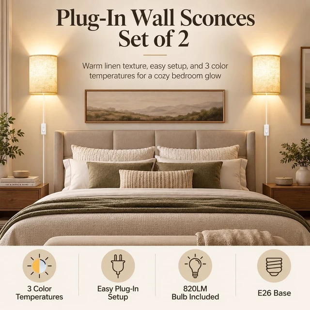 Alt view image 4 of 7 - Yunaking Plug in Wall Sconces Set of Two Wall Lights with On/Off Switch | Stepless Color Temperature Wall Lamps with Fabric Linen Shade for Bedroom Living Room & Hallway- Indoor Corded Wall Decor