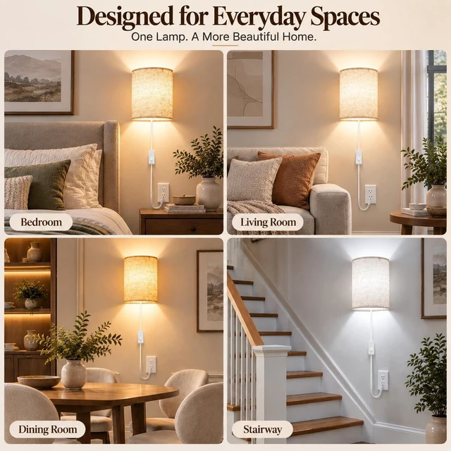 Alt view image 6 of 7 - Yunaking Plug in Wall Sconces Set of Two Wall Lights with On/Off Switch | Stepless Color Temperature Wall Lamps with Fabric Linen Shade for Bedroom Living Room & Hallway- Indoor Corded Wall Decor