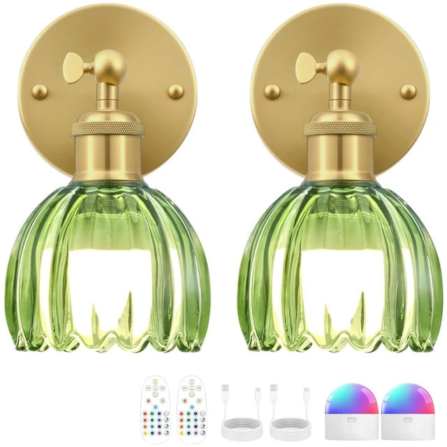 Main image of RIDALUX Vintage Battery Operated Wall Sconce, Green Tulip Glass Lampshade Wireless Rechargeable Battery Powered LED Wall Light with Remote Dimmable for Bedside Bedroom Doorway Living Room, Set of 2