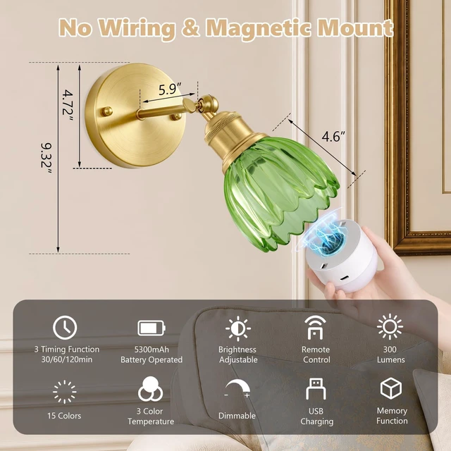 Alt view image 5 of 7 - RIDALUX Vintage Battery Operated Wall Sconce, Green Tulip Glass Lampshade Wireless Rechargeable Battery Powered LED Wall Light with Remote Dimmable for Bedside Bedroom Doorway Living Room, Set of 2
