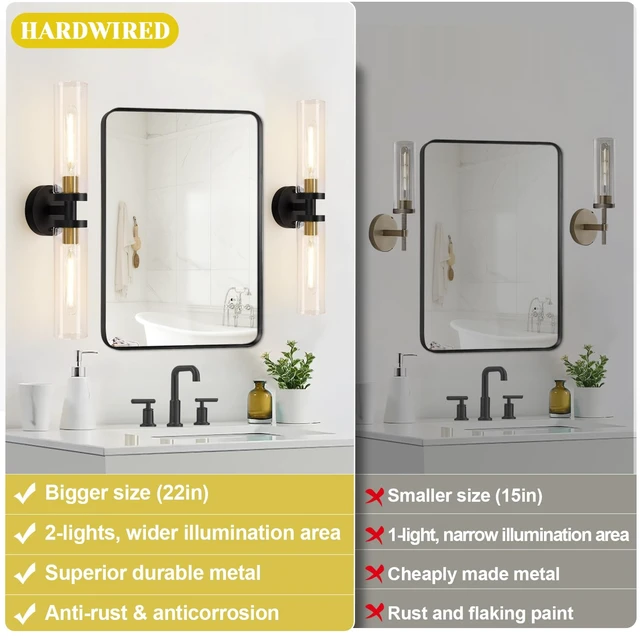 Alt view image 2 of 7 - Indoi Hardwired Wall Sconces Set of Two, 22" Black and Gold Bathroom Sconces with Clear Glass, Modern Sconces Wall Decor Set of 2 Wall Light fixtures for Bathroom Mirror Living Room Hallway Bedroom