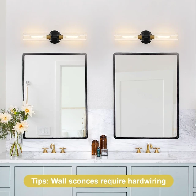 Alt view image 6 of 7 - Indoi Hardwired Wall Sconces Set of Two, 22" Black and Gold Bathroom Sconces with Clear Glass, Modern Sconces Wall Decor Set of 2 Wall Light fixtures for Bathroom Mirror Living Room Hallway Bedroom