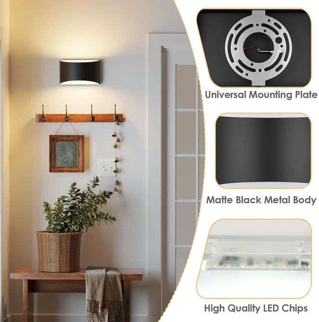 Alt view image 3 of 7 - Modern LED Wall Sconces, 3000K Warm White Hardwired Wall Lights Set of 2 | 10W Up and Down Wall Mount Light, Matte Black Indoor Sconces Wall Lighting, Wall Lamp for Living Room Bedroom Bedside Hallway