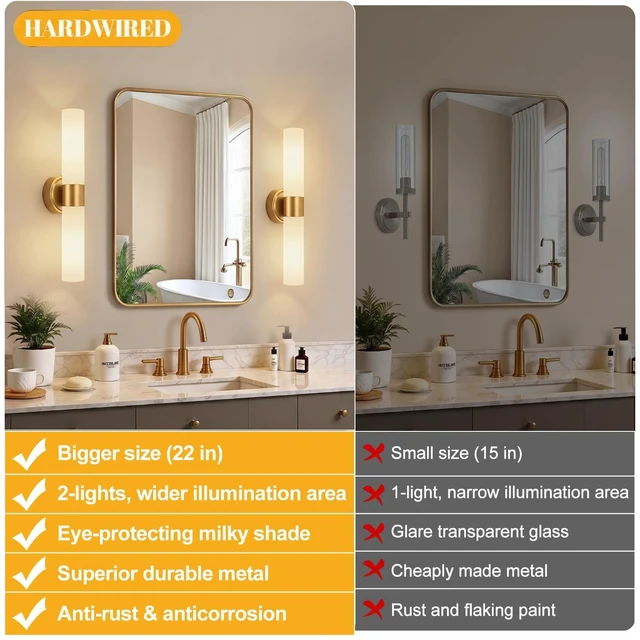 Alt view image 2 of 7 - Meybiok Hardwired Wall Sconces Set of Two, Modern Bathroom Sconces Wall Lighting with Milky White Glass, Brushed Gold Sconces Wall Decor Set of 2 for Bathroom Mirror Bedroom Living Room Hallway