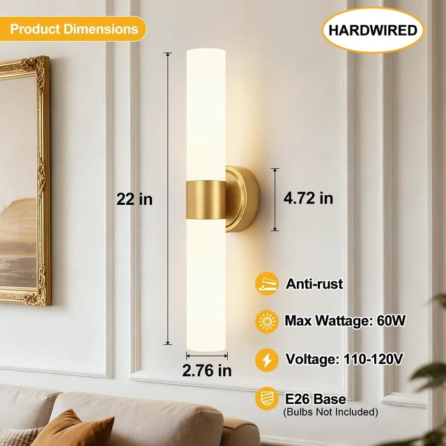 Alt view image 3 of 7 - Meybiok Hardwired Wall Sconces Set of Two, Modern Bathroom Sconces Wall Lighting with Milky White Glass, Brushed Gold Sconces Wall Decor Set of 2 for Bathroom Mirror Bedroom Living Room Hallway