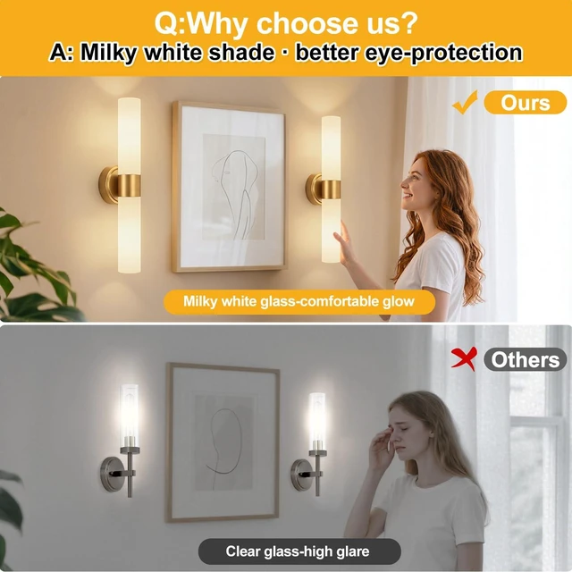Alt view image 7 of 7 - Meybiok Hardwired Wall Sconces Set of Two, Modern Bathroom Sconces Wall Lighting with Milky White Glass, Brushed Gold Sconces Wall Decor Set of 2 for Bathroom Mirror Bedroom Living Room Hallway