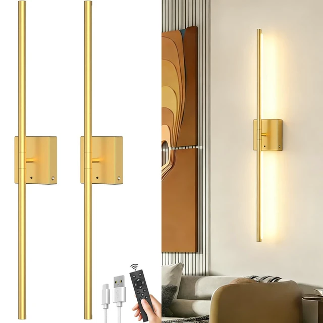 Main image of Battery Powered Wall Sconce Set of Two: Gold Wireless Rechargeable Wall Lights with Touch and Remote Control, 360°Rotatable 4CCT Dimmable Cordless Scone Lighting Decor for TV Wall Bedroom Bathroom