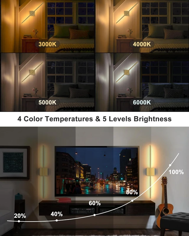 Alt view image 4 of 7 - Battery Powered Wall Sconce Set of Two: Gold Wireless Rechargeable Wall Lights with Touch and Remote Control, 360°Rotatable 4CCT Dimmable Cordless Scone Lighting Decor for TV Wall Bedroom Bathroom