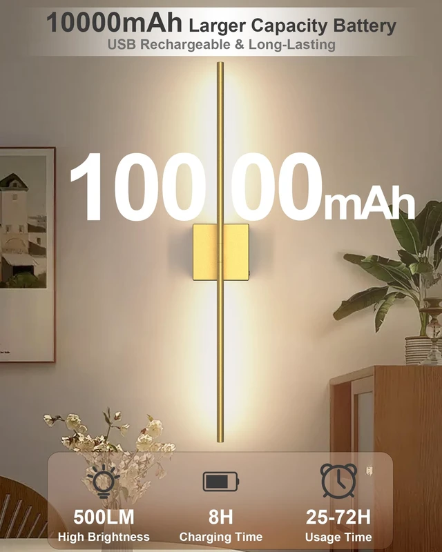 Alt view image 3 of 7 - Battery Powered Wall Sconce Set of Two: Gold Wireless Rechargeable Wall Lights with Touch and Remote Control, 360°Rotatable 4CCT Dimmable Cordless Scone Lighting Decor for TV Wall Bedroom Bathroom