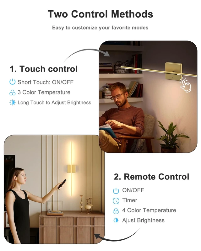 Alt view image 7 of 7 - Battery Powered Wall Sconce Set of Two: Gold Wireless Rechargeable Wall Lights with Touch and Remote Control, 360°Rotatable 4CCT Dimmable Cordless Scone Lighting Decor for TV Wall Bedroom Bathroom