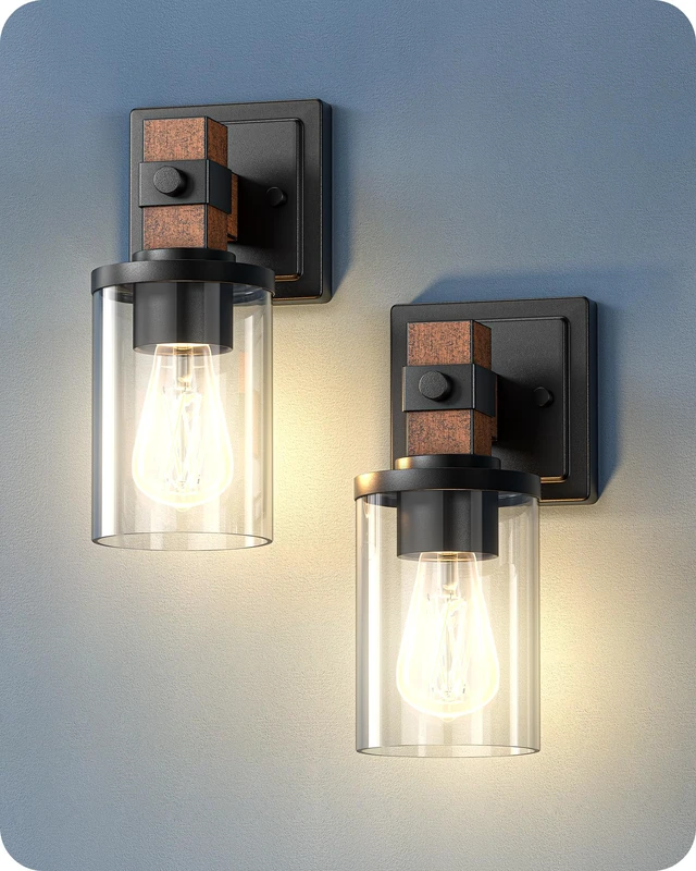 Main image of EDISHINE Wall Sconces Set of 2, Farmhouse Vanity Lights for Bathroom | 1-Light, Clear Glass Shade, Faux Wood Rustic Wall Mount Lamp for Hallway, Living Room, Mirror, Kitchen