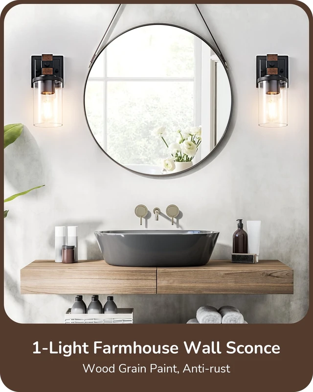 Alt view image 4 of 7 - EDISHINE Wall Sconces Set of 2, Farmhouse Vanity Lights for Bathroom | 1-Light, Clear Glass Shade, Faux Wood Rustic Wall Mount Lamp for Hallway, Living Room, Mirror, Kitchen