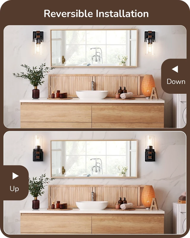 Alt view image 5 of 7 - EDISHINE Wall Sconces Set of 2, Farmhouse Vanity Lights for Bathroom | 1-Light, Clear Glass Shade, Faux Wood Rustic Wall Mount Lamp for Hallway, Living Room, Mirror, Kitchen