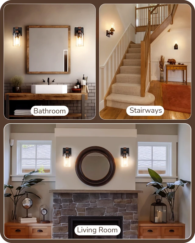 Alt view image 6 of 7 - EDISHINE Wall Sconces Set of 2, Farmhouse Vanity Lights for Bathroom | 1-Light, Clear Glass Shade, Faux Wood Rustic Wall Mount Lamp for Hallway, Living Room, Mirror, Kitchen