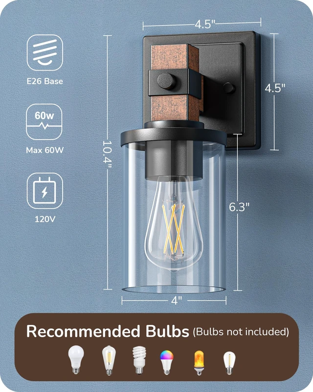 Alt view image 7 of 7 - EDISHINE Wall Sconces Set of 2, Farmhouse Vanity Lights for Bathroom | 1-Light, Clear Glass Shade, Faux Wood Rustic Wall Mount Lamp for Hallway, Living Room, Mirror, Kitchen