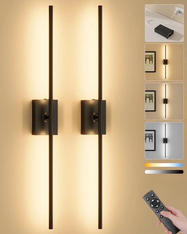 Main image of Battery Operated Wall Sconces Set of 2, Remote Control, 10000mAh, Black | Wireless Rechargeable 3000-6000K Dimmable 350° Rotate Wall Light for Living Room Bedroom TV Wall Mirror 31.6in