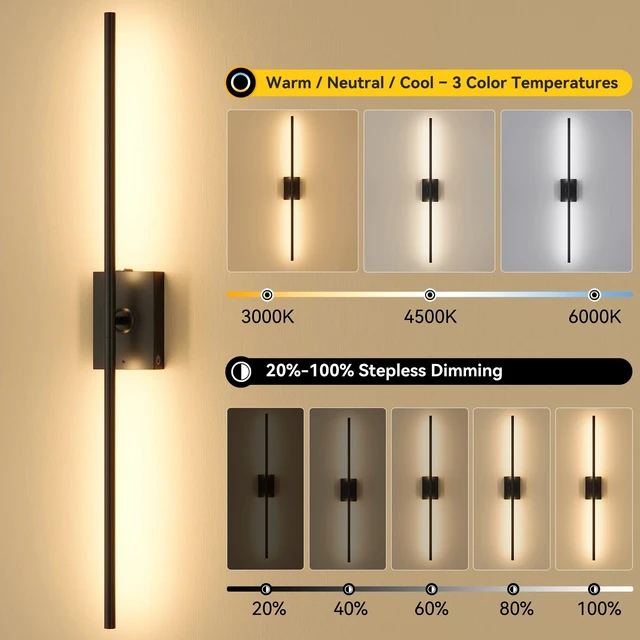 Alt view image 2 of 7 - Battery Operated Wall Sconces Set of 2, Remote Control, 10000mAh, Black | Wireless Rechargeable 3000-6000K Dimmable 350° Rotate Wall Light for Living Room Bedroom TV Wall Mirror 31.6in