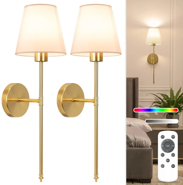 Main image of NIORSUN Battery Operated Wall Sconce Set of 2,Gold Rechargeable Wall Lights with 10400mAh Dimmable Bulbs and Remote,10 Colors Wireless Wall Lamps for Bedroom Living Room Hallway Decor