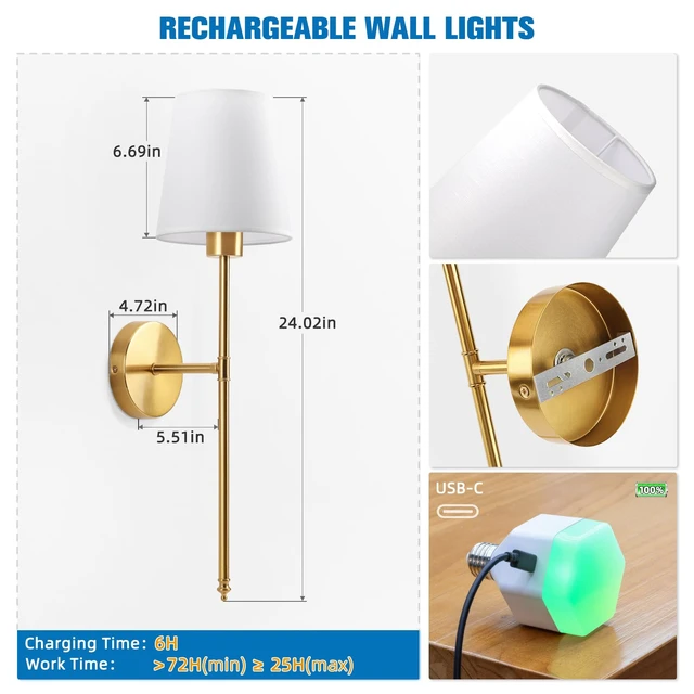 Alt view image 7 of 7 - NIORSUN Battery Operated Wall Sconce Set of 2,Gold Rechargeable Wall Lights with 10400mAh Dimmable Bulbs and Remote,10 Colors Wireless Wall Lamps for Bedroom Living Room Hallway Decor