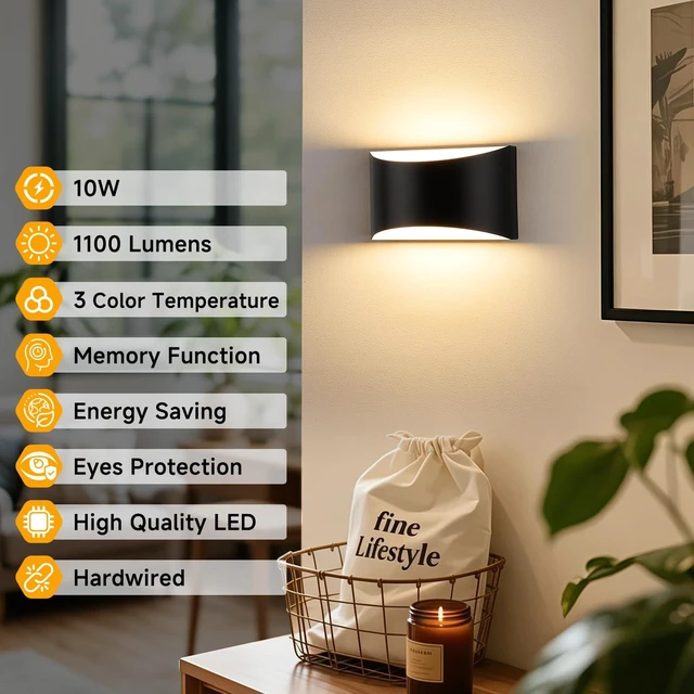 Alt view image 4 of 7 - MATAMEYE Modern LED Wall Sconce Set of 2, Black Indoor Wall Lights 3CCT | 3000K/4000K/6000K, Up/Down Hardwired Wall Mount Light, Easy Install Aluminum Wall Lighting, Bedroom, Living Room, Hallway