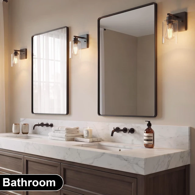Alt view image 2 of 7 - Wall Sconces Set of Two Matte Black Vanity Lights for Bathroom Indoor | Modern Wall Light Fixtures, Sconce Lights with Clear Glass, Farmhouse Lamp for Bedroom, Living Room, Mirror, Hallway E26 Base