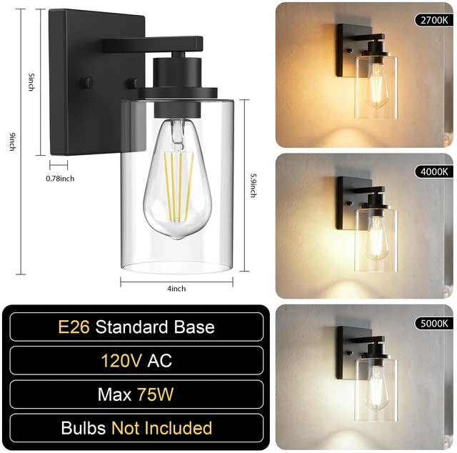 Alt view image 3 of 7 - Wall Sconces Set of Two Matte Black Vanity Lights for Bathroom Indoor | Modern Wall Light Fixtures, Sconce Lights with Clear Glass, Farmhouse Lamp for Bedroom, Living Room, Mirror, Hallway E26 Base