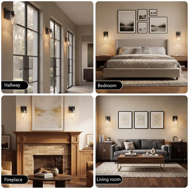 Alt view image 4 of 7 - Wall Sconces Set of Two Matte Black Vanity Lights for Bathroom Indoor | Modern Wall Light Fixtures, Sconce Lights with Clear Glass, Farmhouse Lamp for Bedroom, Living Room, Mirror, Hallway E26 Base