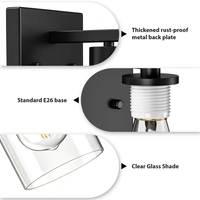 Alt view image 6 of 7 - Wall Sconces Set of Two Matte Black Vanity Lights for Bathroom Indoor | Modern Wall Light Fixtures, Sconce Lights with Clear Glass, Farmhouse Lamp for Bedroom, Living Room, Mirror, Hallway E26 Base