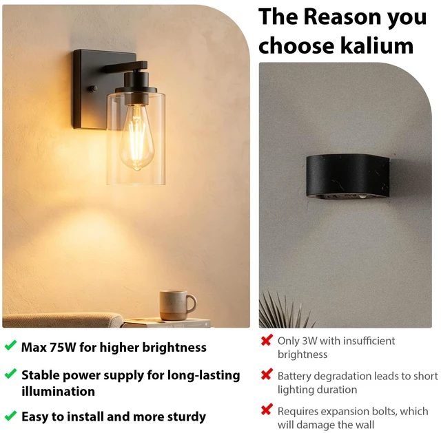 Alt view image 5 of 7 - Wall Sconces Set of Two Matte Black Vanity Lights for Bathroom Indoor | Modern Wall Light Fixtures, Sconce Lights with Clear Glass, Farmhouse Lamp for Bedroom, Living Room, Mirror, Hallway E26 Base