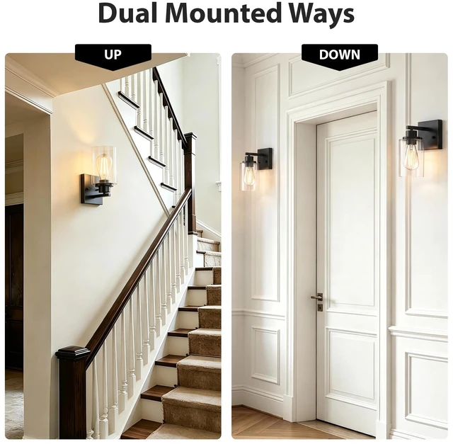 Alt view image 7 of 7 - Wall Sconces Set of Two Matte Black Vanity Lights for Bathroom Indoor | Modern Wall Light Fixtures, Sconce Lights with Clear Glass, Farmhouse Lamp for Bedroom, Living Room, Mirror, Hallway E26 Base