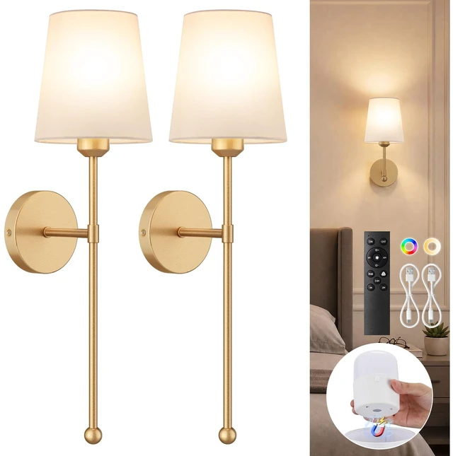 Main image of Battery Operated Wall Sconces, Gold, 2 Pack with Magnetic Bulbs,RF Remote | 12000mAh,Stepless Dimming & Tunable Color Temp,7 RGB color,Timer & Memory, for Bedroom, Living Room, Dining Room, Hallway
