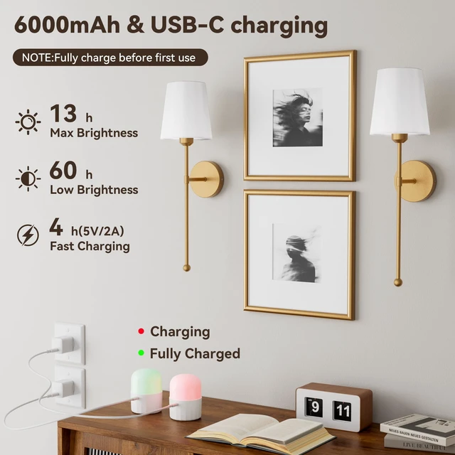 Alt view image 6 of 7 - Battery Operated Wall Sconces, Gold, 2 Pack with Magnetic Bulbs,RF Remote | 12000mAh,Stepless Dimming & Tunable Color Temp,7 RGB color,Timer & Memory, for Bedroom, Living Room, Dining Room, Hallway