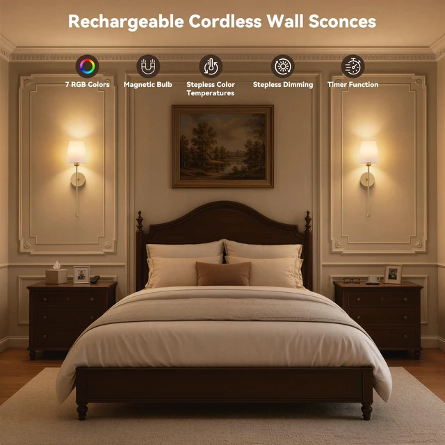 Alt view image 2 of 7 - Battery Operated Wall Sconces, Gold, 2 Pack with Magnetic Bulbs,RF Remote | 12000mAh,Stepless Dimming & Tunable Color Temp,7 RGB color,Timer & Memory, for Bedroom, Living Room, Dining Room, Hallway