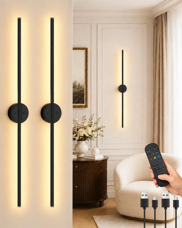 Main image of Battery Operated Wall Sconces Set of 2, Rechargeable Wireless Wall Lights | 31" Peel and Stick Lights, 3CCT& Dimmable, Remote Control, 24H Cycle Timmer, 6600mah Battery Light for Living Room, Bedroom